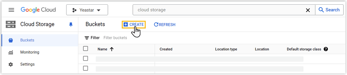 Google Cloud Create Storage