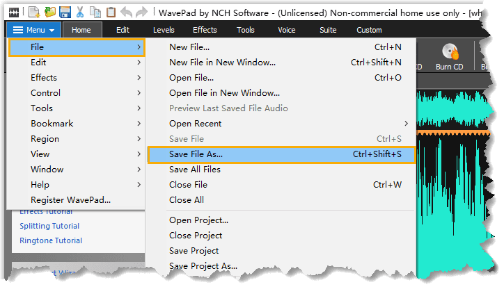 Save File As in WavePad
