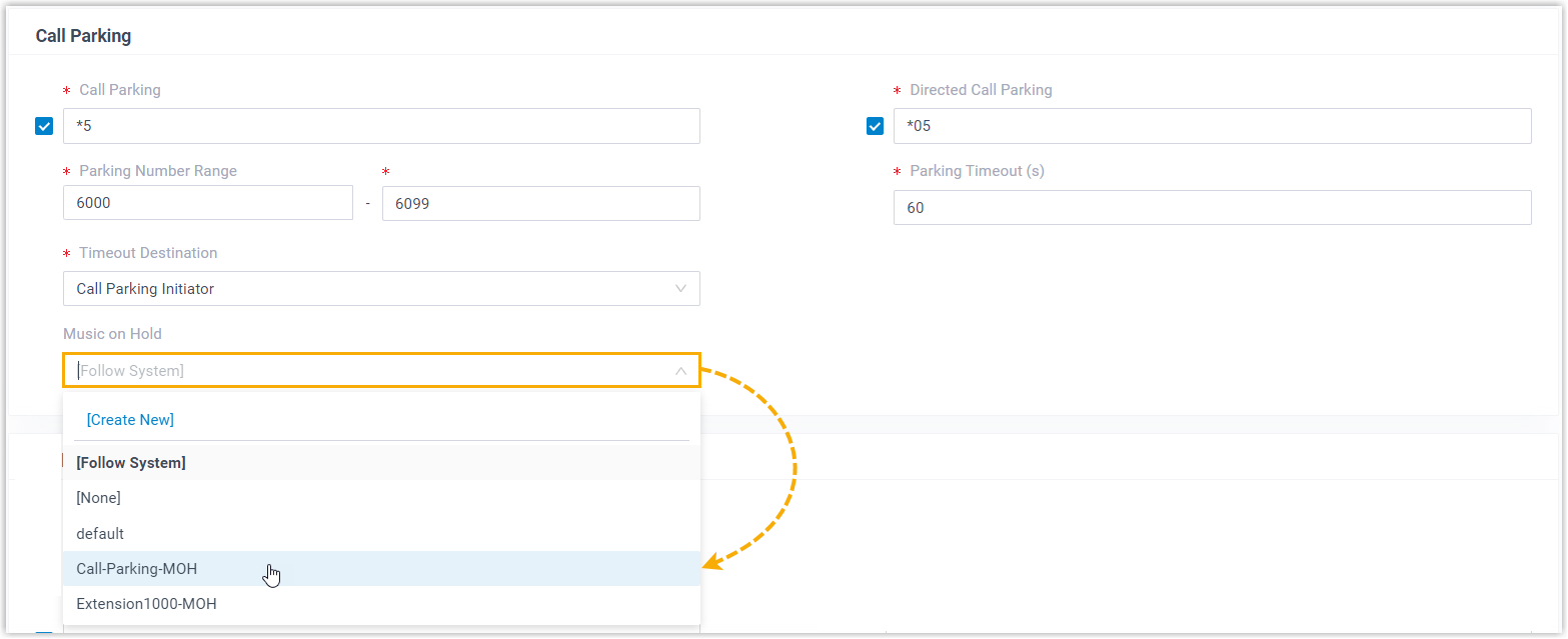 Call Parking MoH Selection